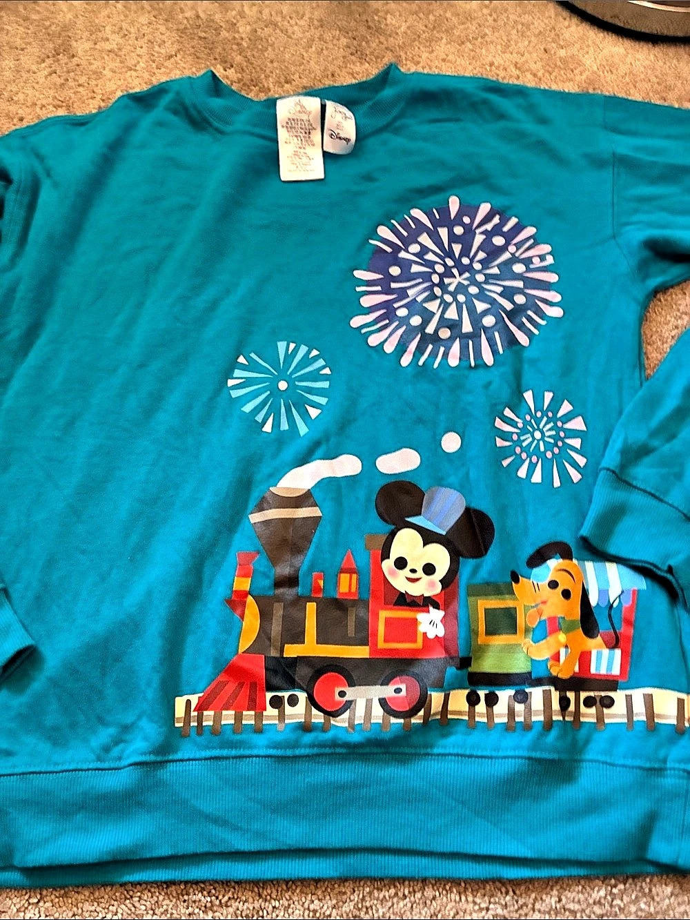 Disney Parks x Joey Chou Character Train Fireworks Teal Pullover Sweatshirt XL